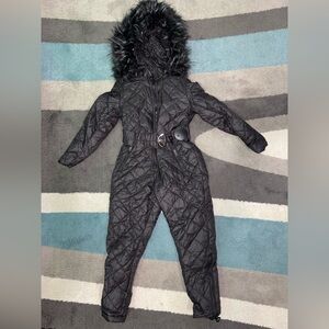 Kids Black Quilted Snowsuit with Fur Hood